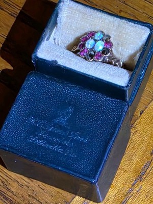 1901 Yellow 10k Gold Ring   Opal Cluster w/ Pink Rhinestones w RC Green Box