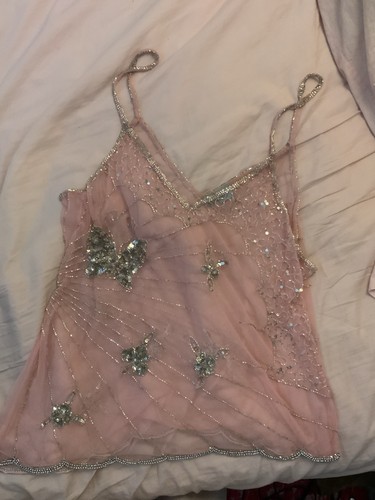 Krishma Pink Beaded Sequin Butterfly Mesh Cropped Tank Top M/L Sleeveless