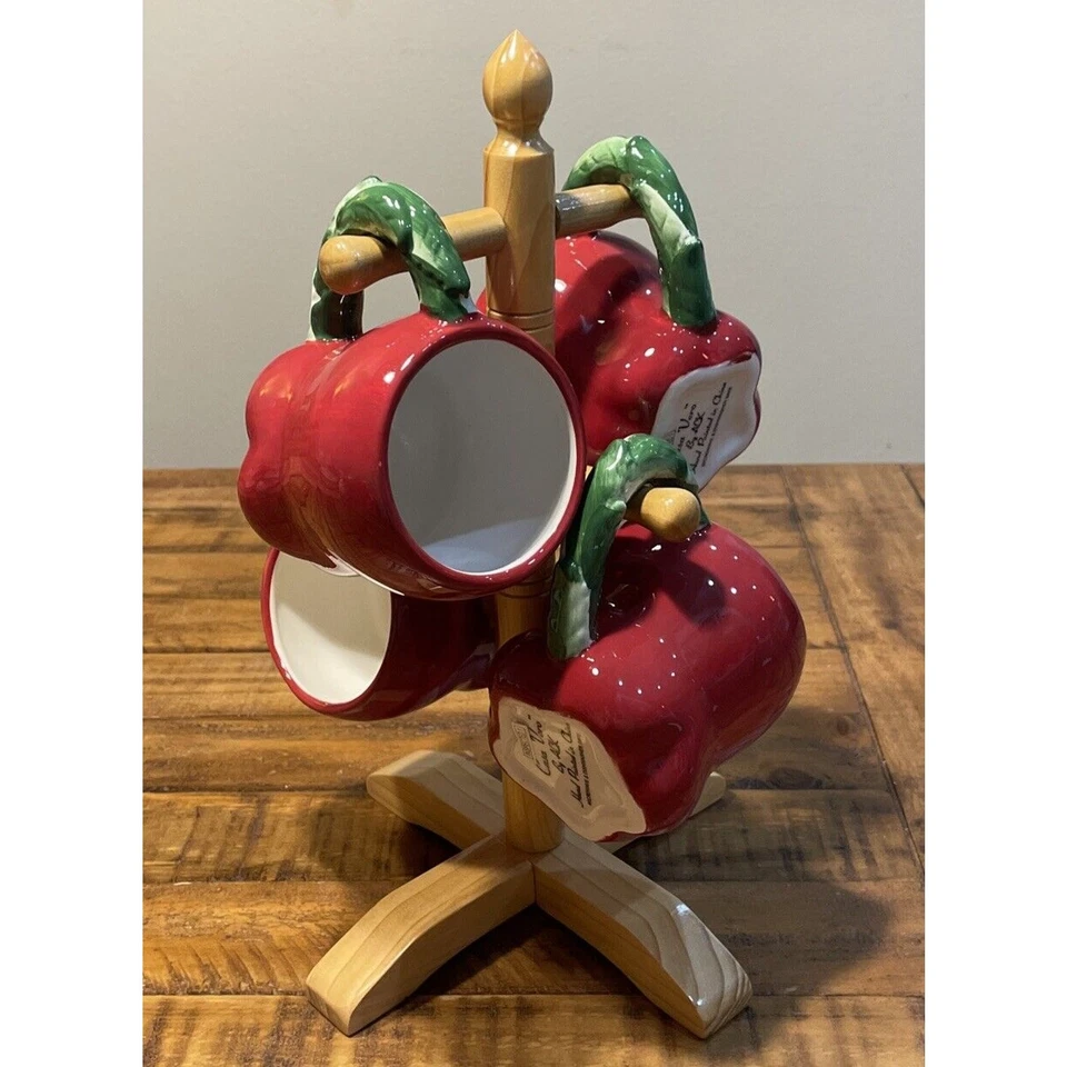 Red Apple Shaped Green Stem Handle 4 Mugs & Pitcher Casa Vero By ACK 12 oz. NEW - Image 3 of 4