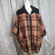 Tahari Brown Plaid Full Zip Poncho Sweater Collared Heavy Warm Womens L/XL