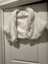 New White Faux Fur Bridal Bolero Shrug Wrap Jacket w/ Satin Lining, One Size