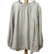 Nest Robe Linen Ruffle Blouse Light Gray Used -Stand Collar, Reversible-Shippin