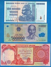 100 Trillion Zimbabwe $,  500,000 Vietnam Dong & A 25, 000 Iraqi Dinar Unc Lot