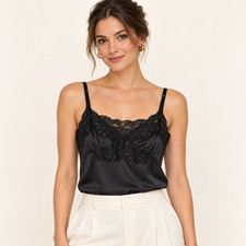 Vintage Shadowline Camisole Black Nylon Lace Chemise 38 Made in USA NEW
