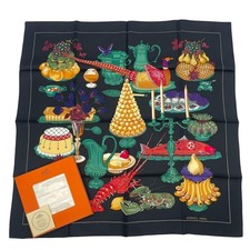 HERMES Gastronomie Carre 90 silk scarf by Christiane Vauzelles Excellent