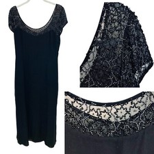 Tahari 100% Silk Gown Beaded Dress Size 12 - Short Cap Sleeves Black Tie Formal