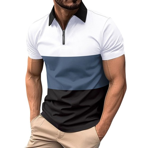 T-shirts été homme décontractés respirants revers épissés manches courtes 1/4 fermeture éclair - Photo 27/28