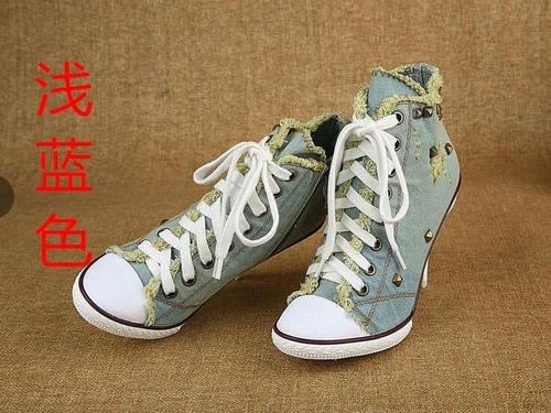 Womens Canvas Shoes Denim High Heels Rivets Shoes Pointy Toe Sneakers Pumps Chic - Picture 3 of 9
