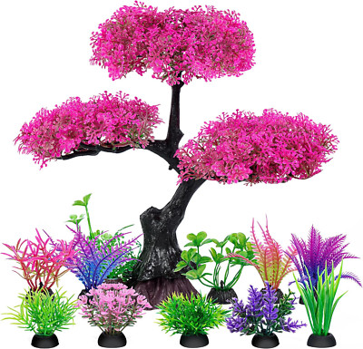 Artificial Plastic Cherry Blossom Tree Aquarium Decor Set, Pink
