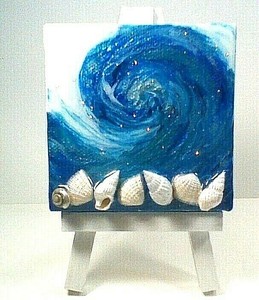 Mini Mixed Media Wave Pour Painting On Canvas With Shells Easel