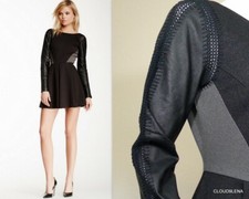 Anthropologie STELLA & JAMIE Leather Sleeve Crochet Trim V-back RIO Mini Dress M