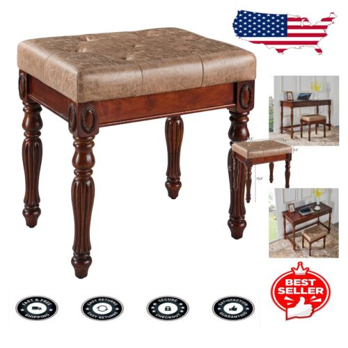 Elegant Yellowish Brown Vanity Bench with Padded Cushion & Carved Legs - Easy...