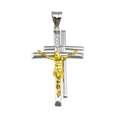 Sterling Silver Crucifix Double Cross Two Tone Pendant w/ Cubic ...