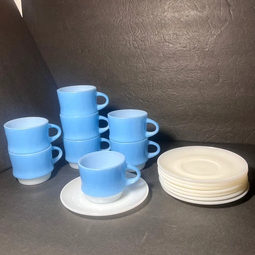 Set of 8 Vtg Anchor Hocking Fire-King Blue Mosaic Cups & Saucers Stacking 1960's