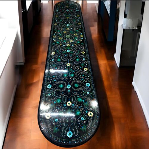 Custom 5'x2' Black Marble Dining Table Top | Handmade Semi-Precious Stone Inlay - Picture 4 of 9