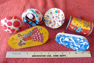 Lot of 6 Noise Makers Party Vintage US Metal Toy mfg Woman Schering Kirchhof ++