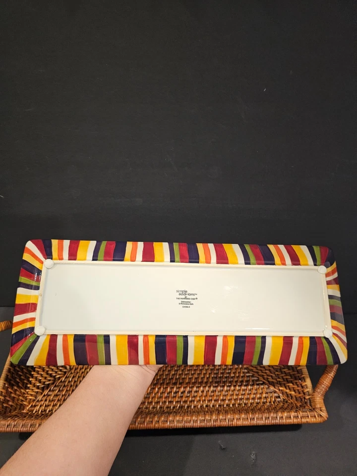 Pampered Chef Woven Selections Striped Serving Platter Wicker Tray Holder - Image 3 of 4