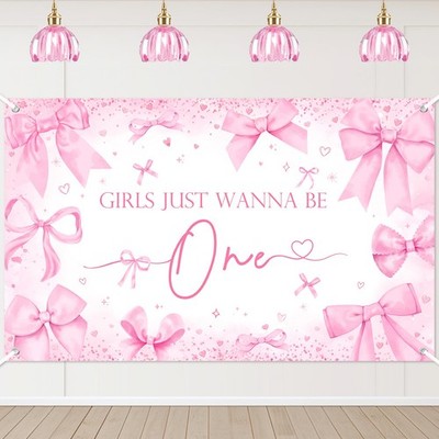 Girls Just Wanna be One Backdrop Pink Bow Girls 1st Birthday Banner Party Dec...