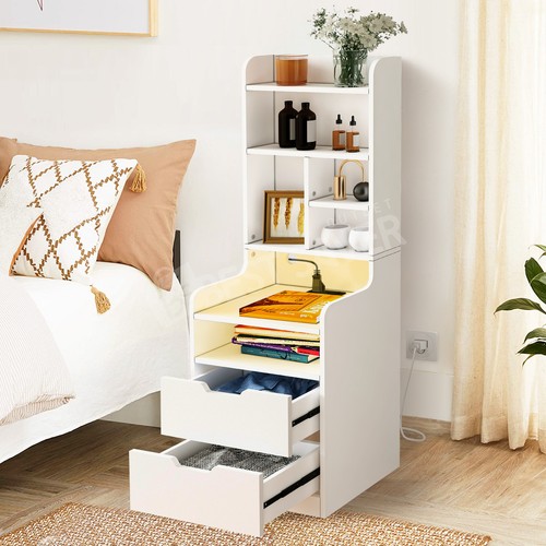 Beside Table Bookshelf 2in1 LED Nightstand Bedroom 2 Drawer Cabinet Wood White - Picture 3 of 11