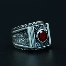 Men's Red Ruby Gemstone Handmade Engraved 925 Sterling Silver Ring