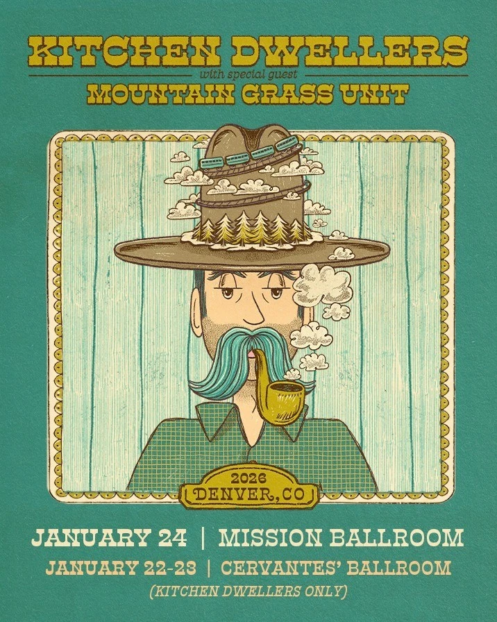 Kitchen Dwellers – January 2026 Denver Poster, Vintage-Style Bluegrass Concert