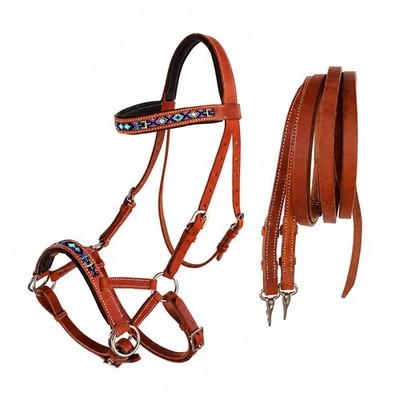 Horse Western Leather Bitless Sidepull Beaded Bridle Reins 77RT25