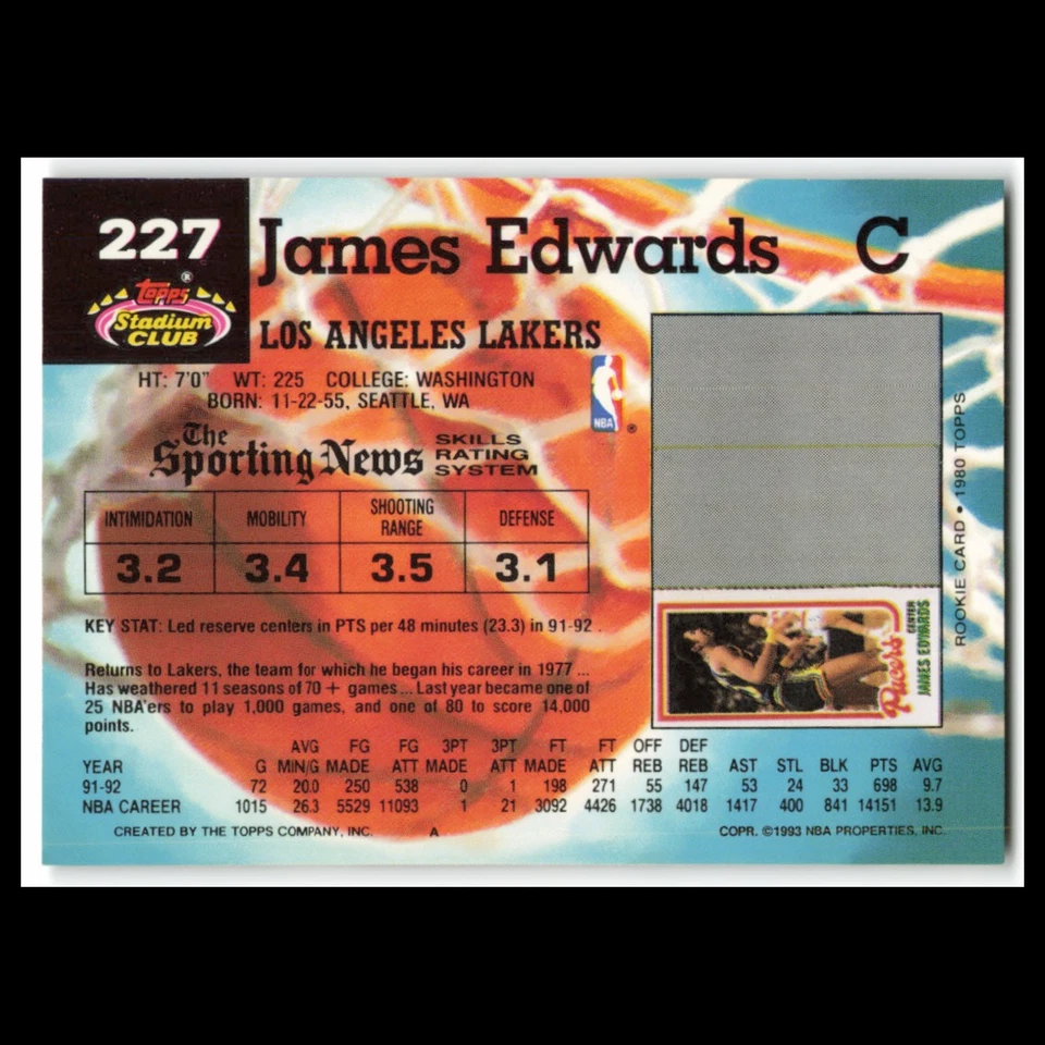 James Edwards #227 1992 Topps Stadium Club Los Angeles Lakers Basketball Card NM - Image 2 of 3