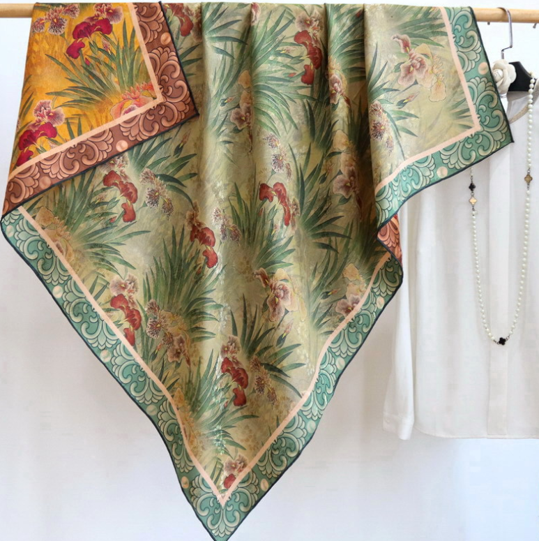 100% Silk Neckerchie Scarf Square Bandanna Double Face grass Print Shawl 42''