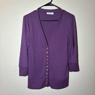 Zenana Purple Knit Button-Down Cardigan Sweater L V-Neck 3/4 Sleeve