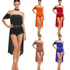 Womens Bodysuit Festival Dress Halter Dancewear Crotch Tango Dancing Dance Mesh