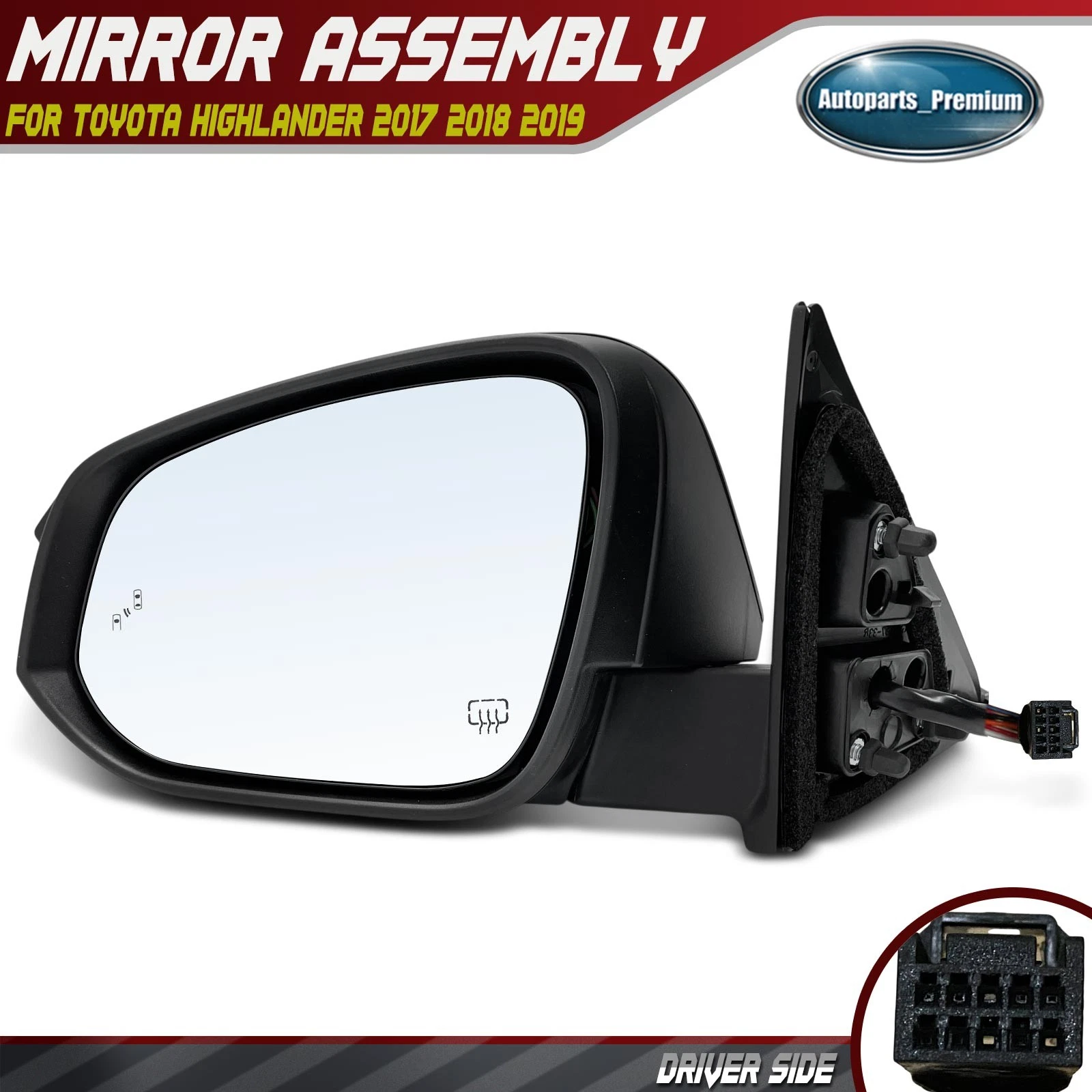 Driver Power Mirror w/ Manual Fold Heated Smooth for Toyota Highlander 2017-2019