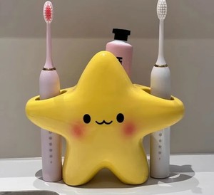 Yellow Plastic Freestanding Starfish Toothbrush Holder Cartoon Bathroom New Kids