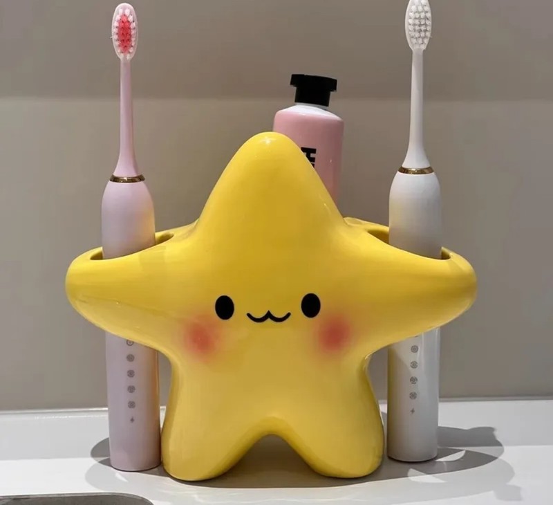 Yellow Plastic Freestanding Starfish Toothbrush Holder Cartoon Bathroom New Kids