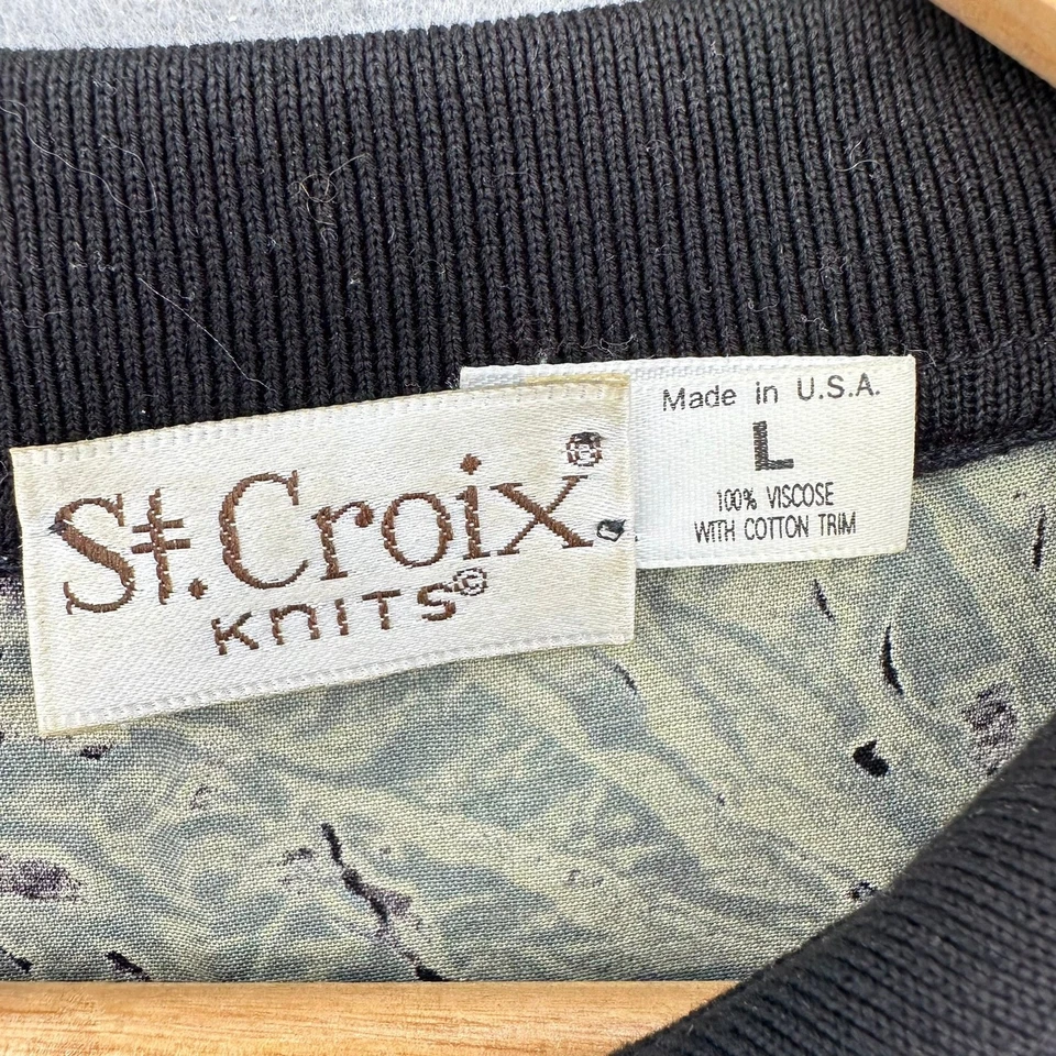 VTG St Croix Knits Long Sleeve Polo Shirt Black Collar L All Over Print Viscose - Image 3 of 4