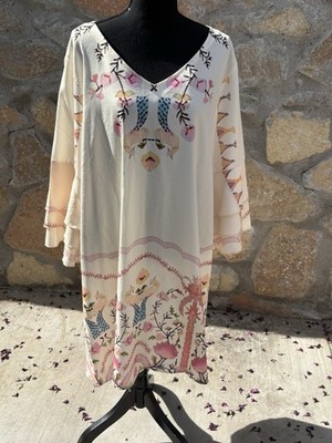 Boho Chic Tunic Shift Dress Tiered Ruffle Bell Sleeve Floral Bird Print Sz XXL