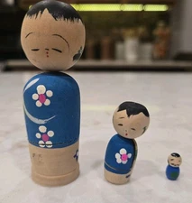 Japanese Nesting Bobblehead Kokeshi Doll – Vintage Handcrafted Wooden Set of 3