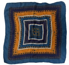 Vintage Retro 60s 70s 80s Silky Geometric Floral Blues Gold Scarf