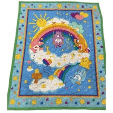 Vtg Care Bears Baby Quilt Blanket Blue Rainbow Stars Reversible Nursery 2003