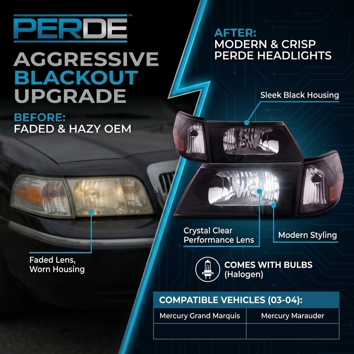 Fits 03-04 Grand Marquis/Marauder Headlights With Side Marker