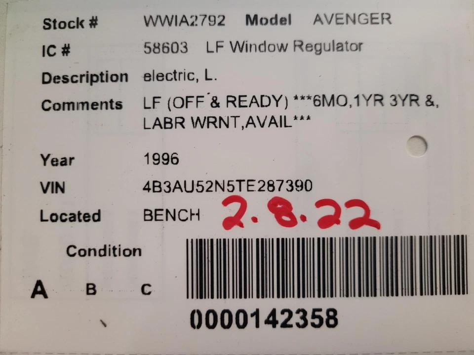 Used Front Left Door Window Regulator Front fits: 1996 Dodge Avenger electric Fr Foto 3 de 4