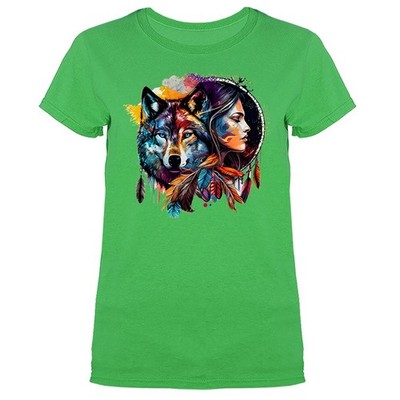 Native American Inspired Wolf Girl Dreamcatcher Tribal Spirit Women's  T-shirt