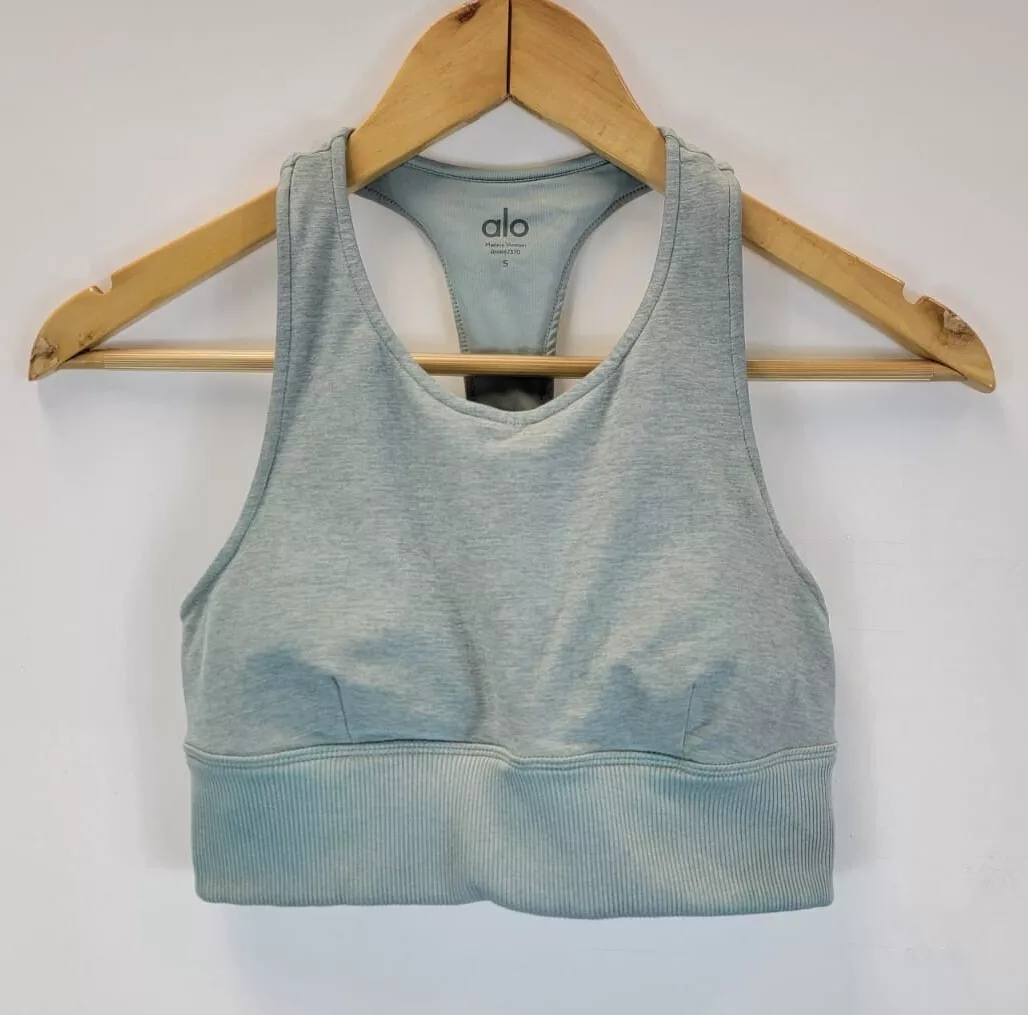 Alo Yoga Alosoft Serenity Sports Bra In Cloud Blue Mint Sage Heather Size S