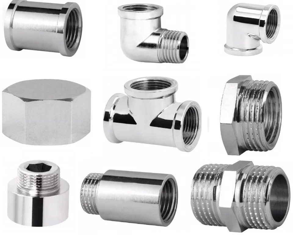 MARKENLOS Messing CHROM Fittings Muffe Winkel Doppelnippel Reduziert Bogen T-Stück