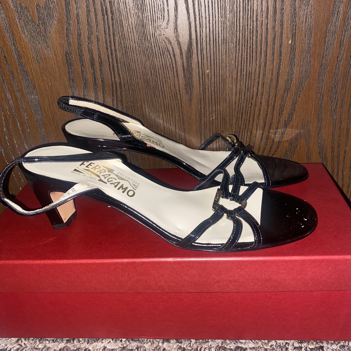 Salvatore Ferragamo Black Patent Leather Slingback High Heel