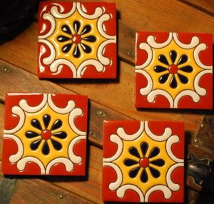 Matched Set 4 MEXICO TALAVERA CERAMIC POTTERY TILES Hand Made 4.25" Sq ORANGE