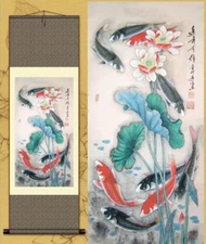China Painting Silk Scroll Koi Carp Fish Lotus Leaf Home Decoration Various S155