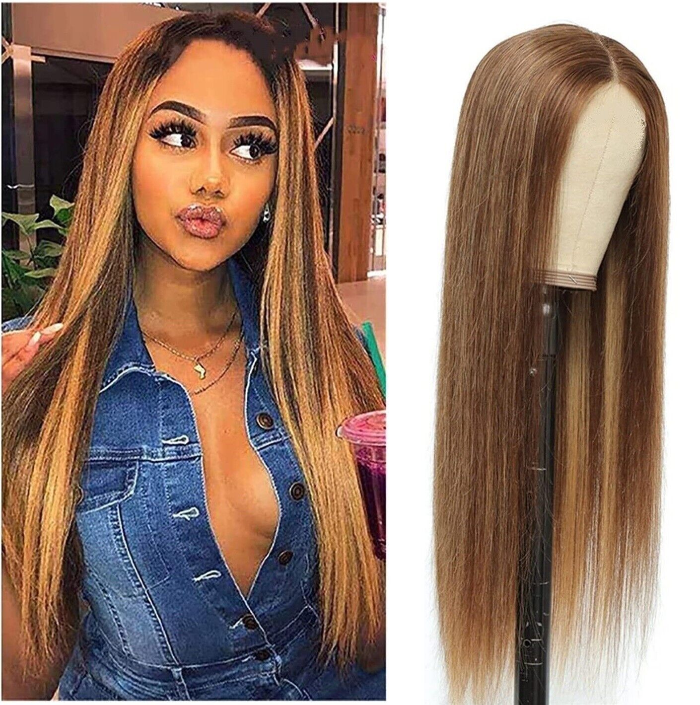 Fashion Ombre Brown Human Hair Wigs Brazilian Full Long Straight Front Wig USA