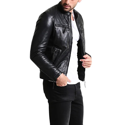 Mens Genuine Motorcycle Biker Cafe Racer Vintage Black Distressed Leather Jacket