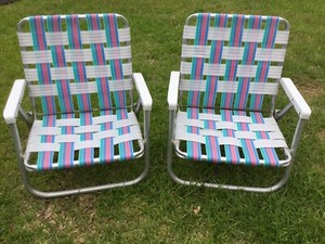 Vtg Pair Aluminum Webbed Beach Chair Low Folding Lawn Chairs 2 Matching Ebay