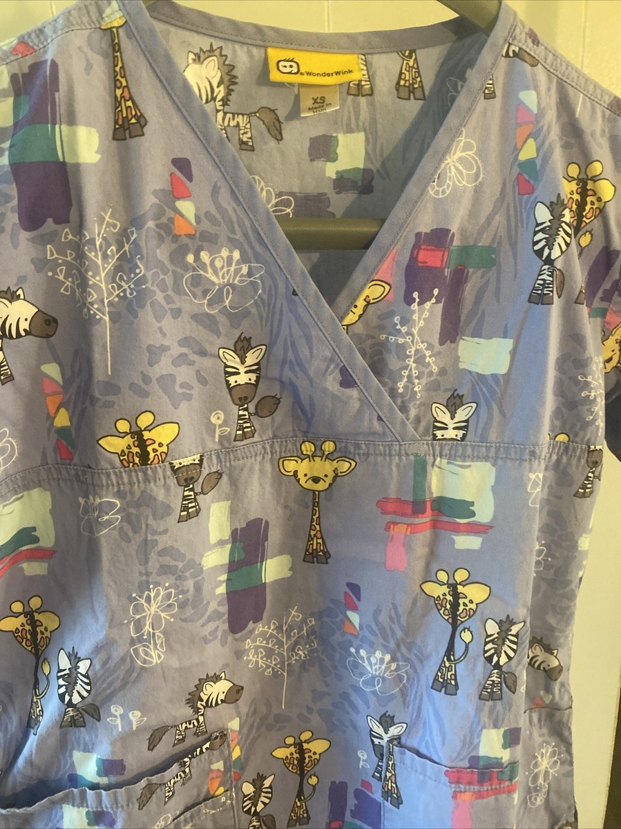 Giraffe Zebra Womens Scrubs Top Medium Purple Yellow Nurse Uniform